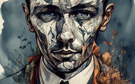 Ilustração de cara de um homem com olhar profundo, bigode, camisa branca, gravata preta e blazer caramelo. Homem tem cara de trapaceiro ou trickster. A foto ilustra o artigo "Arquétipo do Trapaceiro ou Trickster: Saiba tudo sobre essa personalidade" escrito pelo psicanalista Homero Mônaco para o site Online psicanalista.