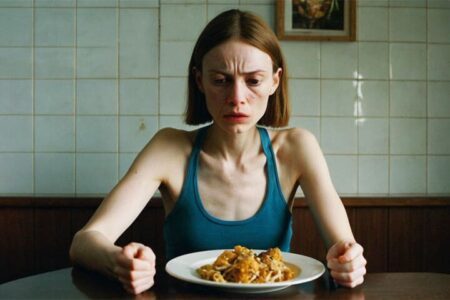 Foto de uma mulher sentada em uma mesa, olhando com cara de nojo para um prato de comida que está à sua frente. A mulher é muito magra e parece ter algum transtorno alimentar. A foto ilustra a página do Perfil do Psicanalista Homero Mônaco para o site A Sessão de Terapia.